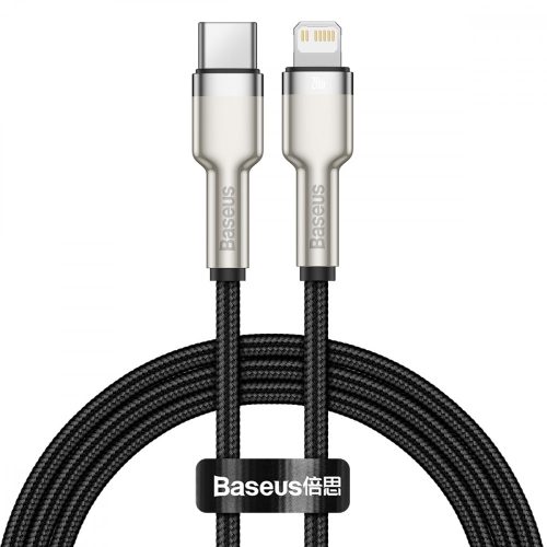 Kabel Baseus premium Type-C - na Lightning (Apple) - metalowa główka, 25 cm, ładowanie 20W, osłona z kevlaru - czarny