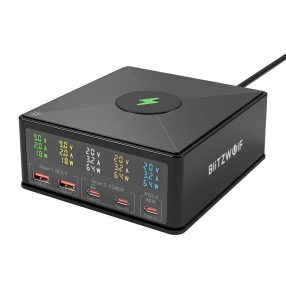   Szybka ładowarka biurkowa BlitzWolf® 868H 160 W USB PD+QC3.0, 3x Type-C + 2x USB-A + port ładowania bezprzewodowego Qi