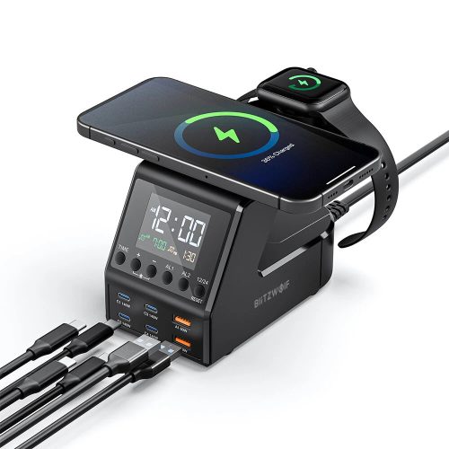 BlitzWolf® BW-FW10 – szybka ładowarka stacjonarna o mocy 240W i budzik, 6x ładowania USB (typ C i USB-A) + ładowanie bezprzewodowe