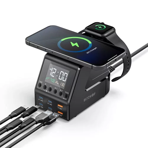 BlitzWolf® BW-FW10 – szybka ładowarka stacjonarna o mocy 240W i budzik, 6x ładowania USB (typ C i USB-A) + ładowanie bezprzewodowe