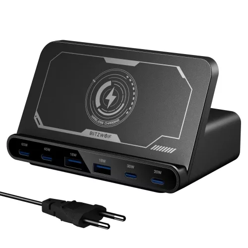BlitzWolf® BW-S27 - szybka ładowarka stacjonarna o mocy 160 W, 6 portów ładowania USB (typ C i USB-A) + ładowanie bezprzewodowe