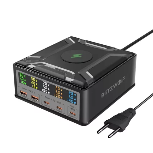 BlitzWolf® BW-S28 260 W, biurkowa ładowarka 5x USB PD+QC3.0, 3x Type-C + 2x USB-A + port ładowania bezprzewodowego Qi