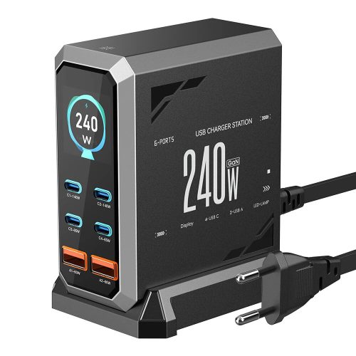 Stacja szybkiego ładowania stacjonarnego Blitzwolf® BW-S31 240 W z 6 portami (4xUSB-C + 2xUSB-A) PD i wyświetlaczem cyfrowym