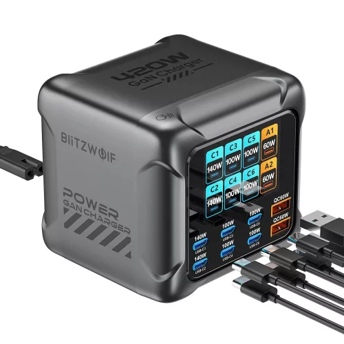 Blitzwolf® BW-S33 - 420 W, 8-portowa (6xUSB-C + 2xUSB-A) stacja szybkiego ładowania PD na biurko z wyświetlaczem cyfrowym