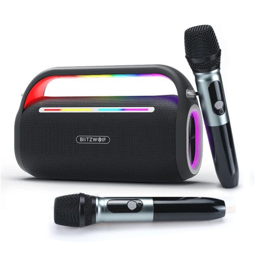 BlitzWolf® BW-WA7 – zestaw karaoke z 2 mikrofonami – głośnik BT 120 W, zmieniacz głosu, 15 godzin użytkowania, oświetlenie LED