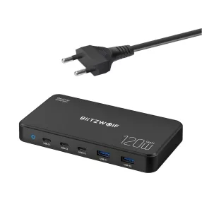   Szybka ładowarka biurkowa USB Blitzwolf® BW-i100 GaN 120 W, 5 portów USB (3x szybka ładowarka PD3.0 100 W + 2 porty USB-A 18 W)