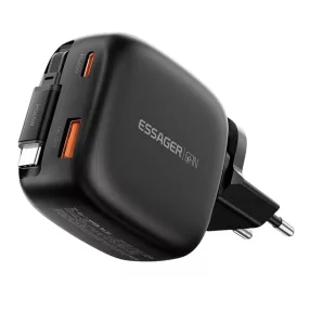   ESSAGER® ES-CD60 – ładowarka ścienna USB o mocy 65 W z wbudowanym, chowanym kablem USB-C – 3 porty ładowania