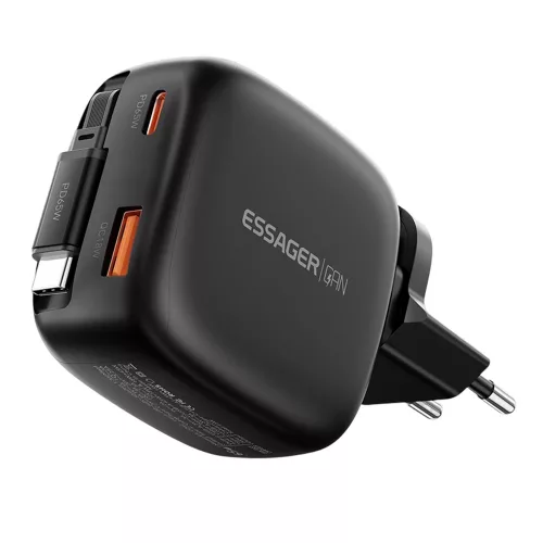 ESSAGER® ES-CD60 – ładowarka ścienna USB o mocy 65 W z wbudowanym, chowanym kablem USB-C – 3 porty ładowania