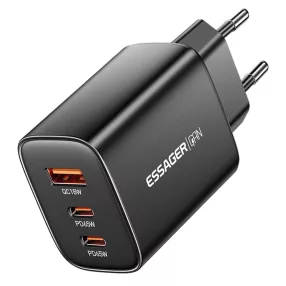   ESSAGER® RC65WCF – szybka ładowarka ścienna GaN o mocy 65 W, 2x USB-C + 1x USB-A. Do laptopów, telefonów i tabletów