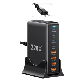   ESSAGER® YMX-320W – szybka ładowarka stacjonarna USB o mocy 320 W – 8 portów (4x USB-C + 4x USB-A) Android, Apple i Windows