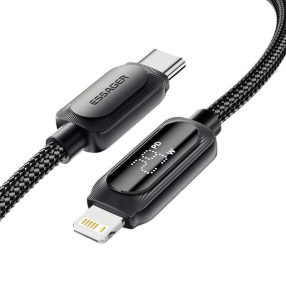   ESSAGER ES-X57 – 3 metr, Type-C – Lightning, kabel USB. Wyświetlacz cyfrowy, ładowanie 29 W, etui z perłowej tkaniny.