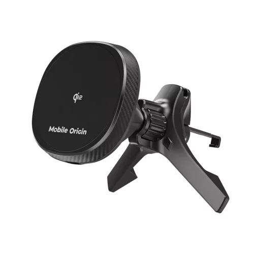 Mobile Origin® CA15 – bezprzewodowa ładowarka samochodowa MagSafe 15 W + uchwyt na telefon. Możliwość montażu na płaskiej kratce wentylatora.