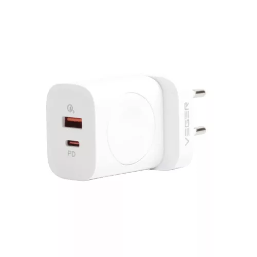 Ładowarka ścienna Veger W002 3w1 - 1x bezprzewodowa (QI), 1x PD (20W) 1x ładowarka USB (18W) - obsługa protokołów PD3.0 / PPS / QC3.0